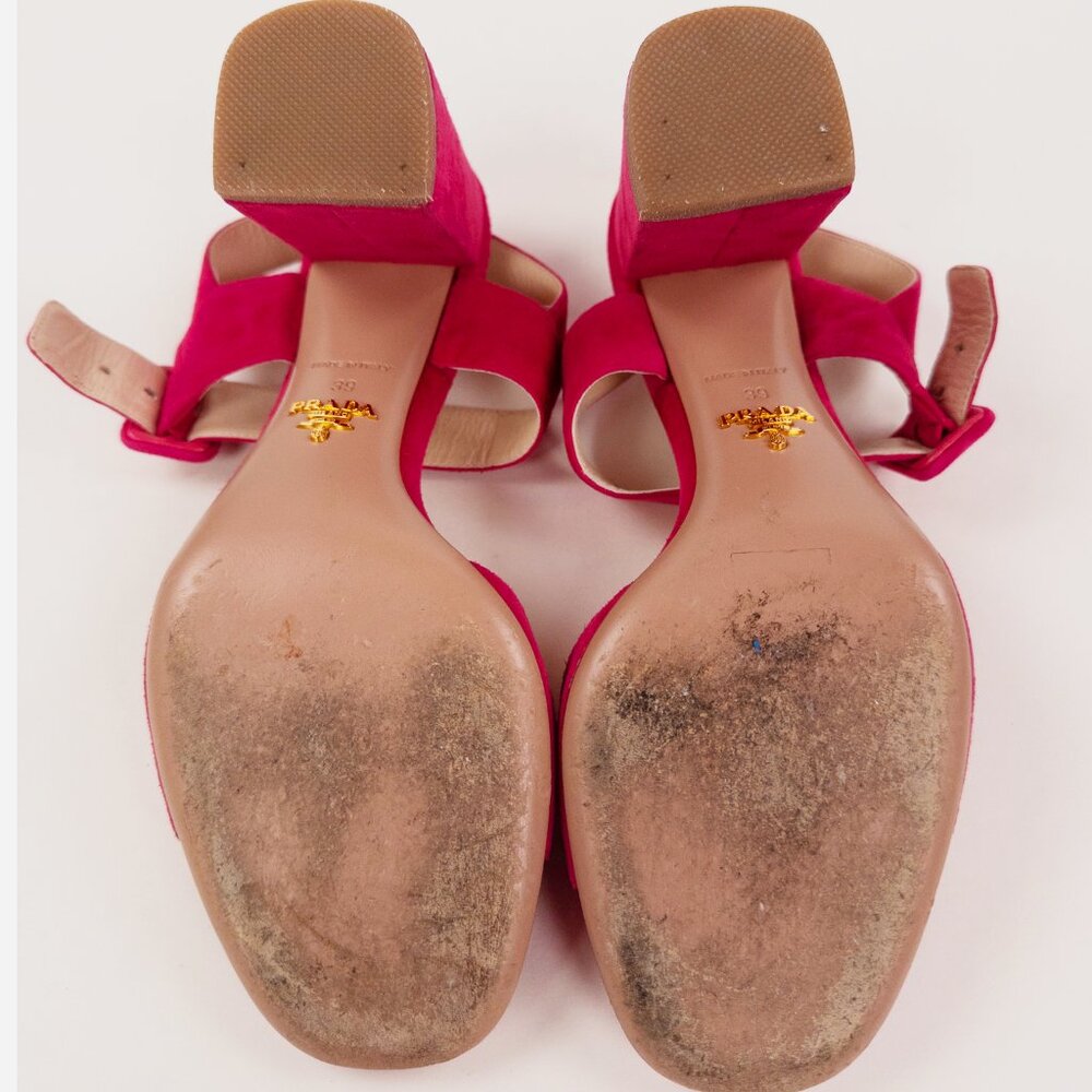 Prada Fuchsia Suede Block Heel Ankle Strap Sandals Size 39 - Picture 8 of 8